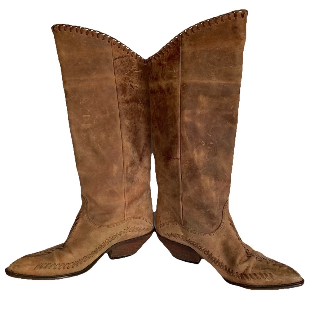 Vtg Zodiac Leather Tall Knee High Riding Cowboy Boots Size 8 Brown Boho Hippie - Picture 4 of 12